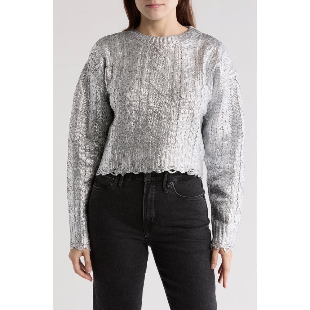 VIGOSS Metallic Cable Stitch Sweater XS Silver Cropped Distressed Holiday Party